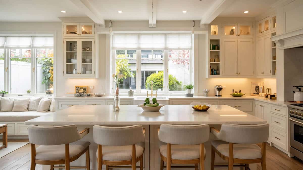 Warm white cabinets in contemporary kitchen