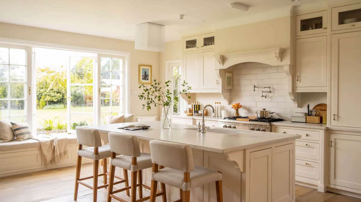 Inviting cream cabinet kitchen with silver hardware and window seat