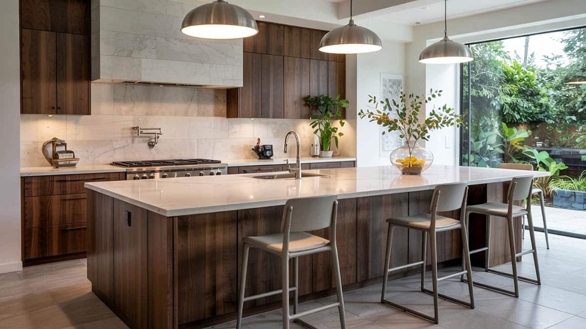 Modern dark wood cabinet kitchen with silver finishes
