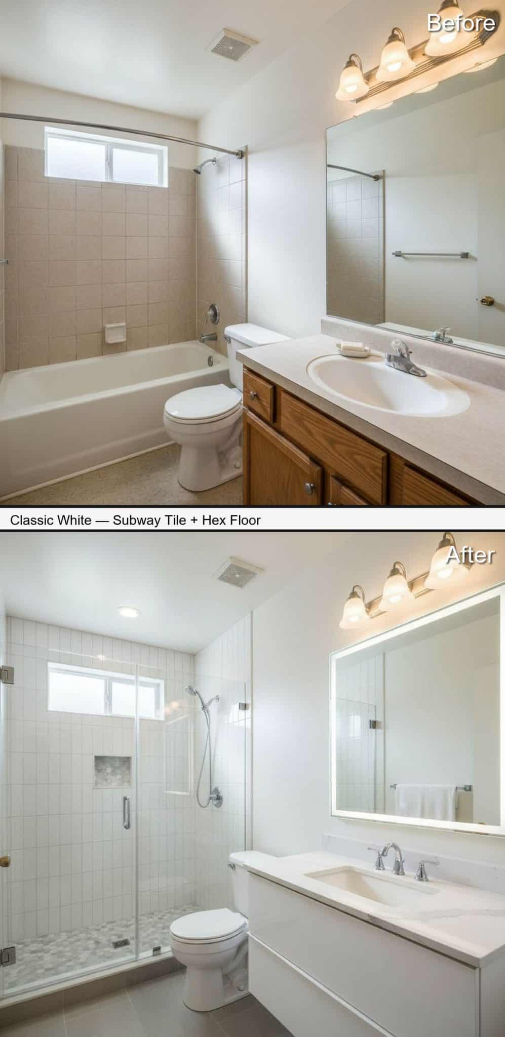 Classic White Shower with Vertical Subway Tile and Hex Floor