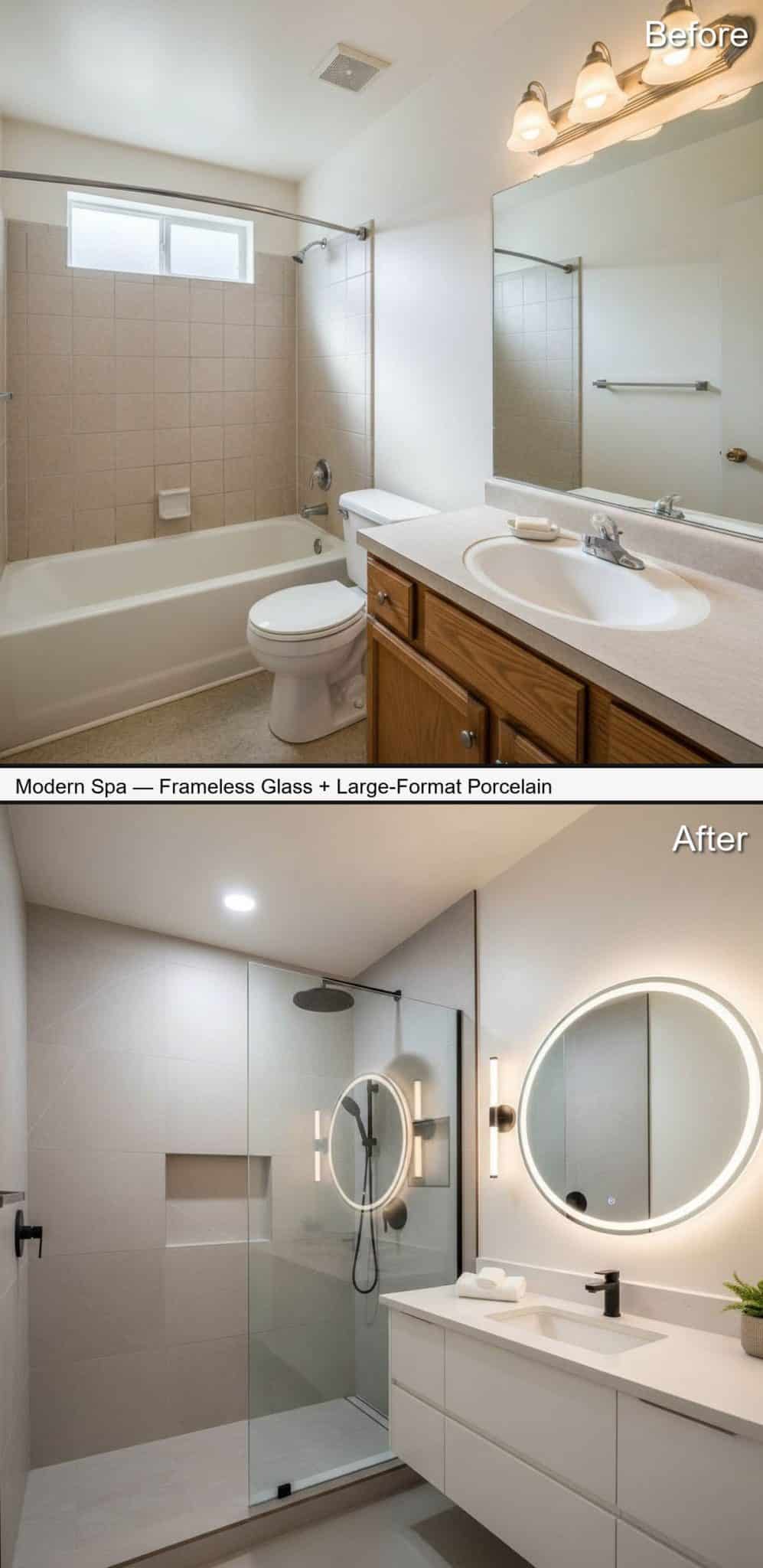 Modern Spa Shower Remodel with Frameless Glass and Porcelain Slabs