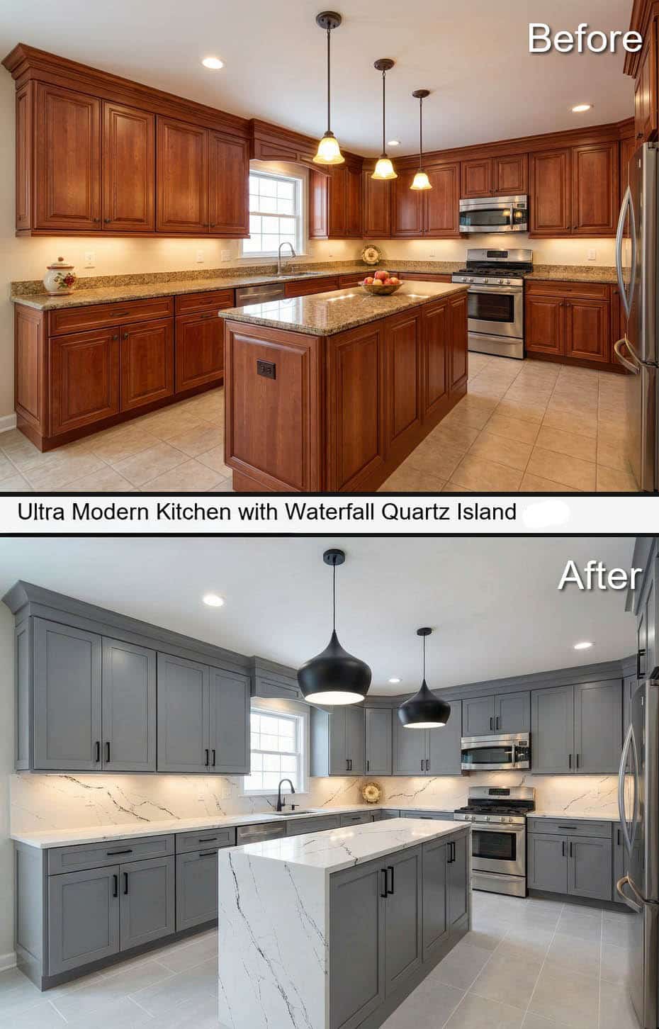 Ultra Modern Kitchen with Waterfall Quartz Island and Oversized Black Pendants