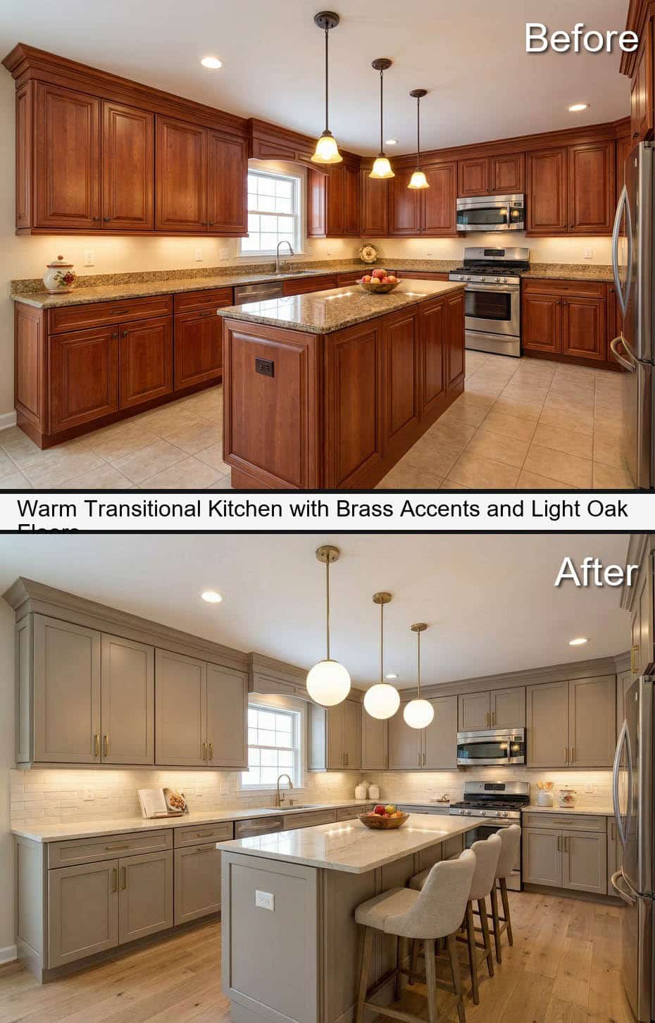 Warm Transitional Kitchen with Brass Accents and Light Oak Floors