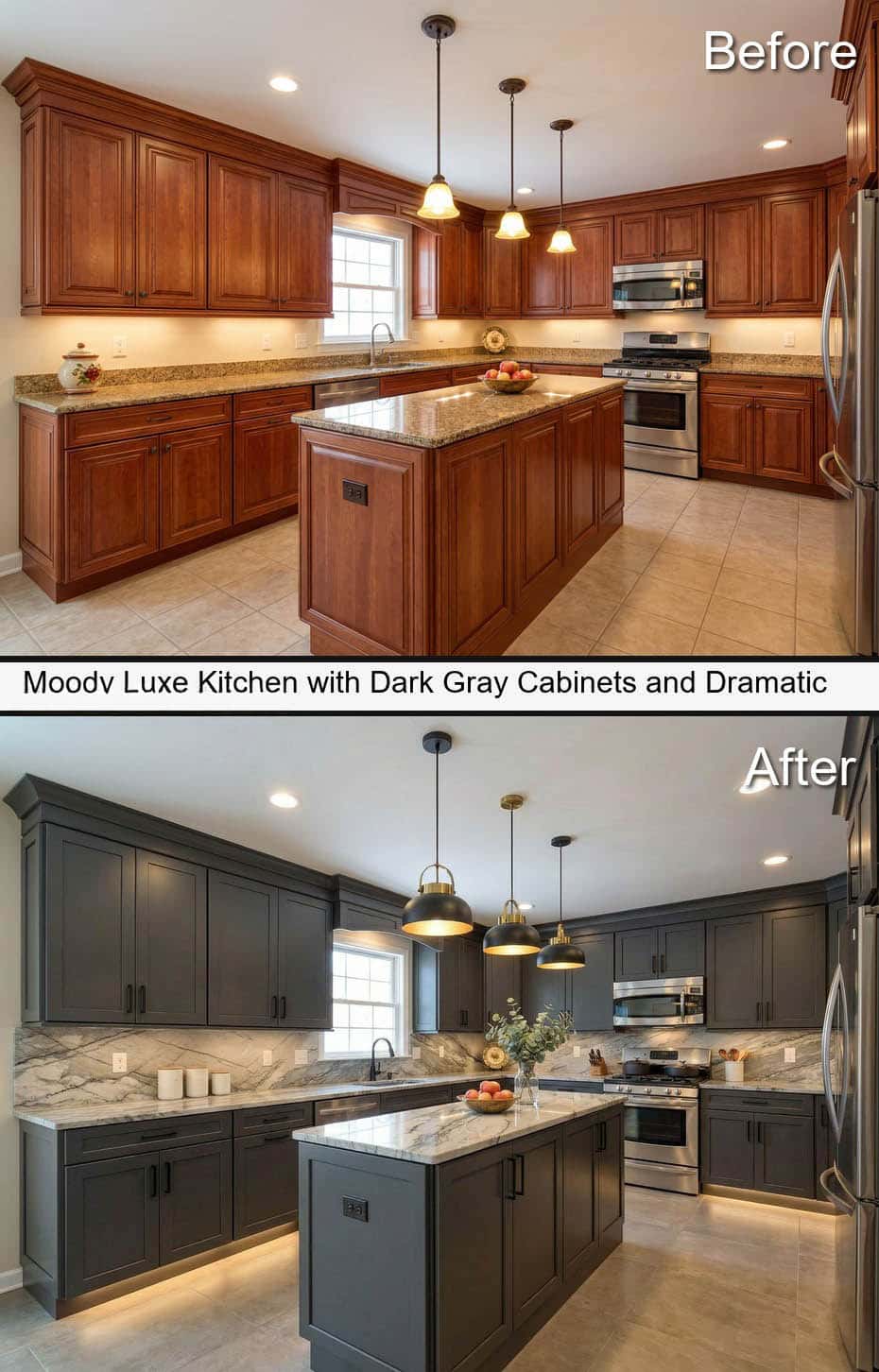 Moody Luxe Kitchen with Dark Gray Cabinets and Dramatic Stone Backsplash