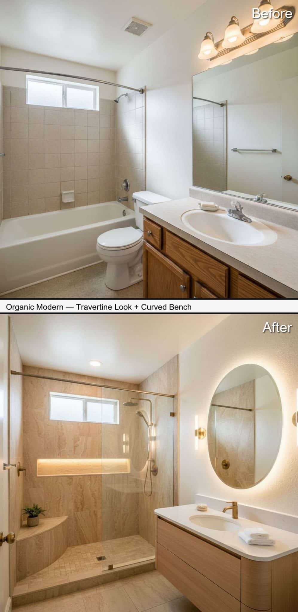 Organic Modern Shower with Travertine-Look Tile and Curved Bench
