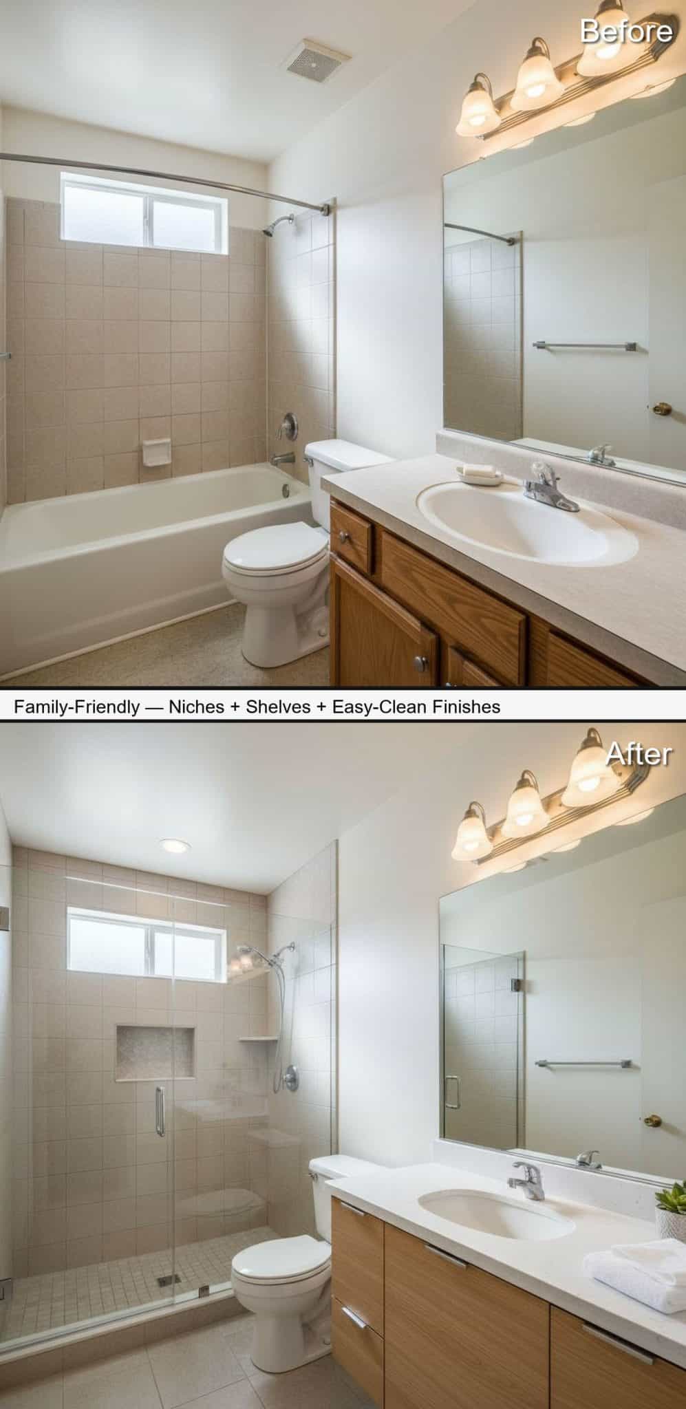 Family-Friendly Shower with Built-In Niches and Easy-Clean Finishes