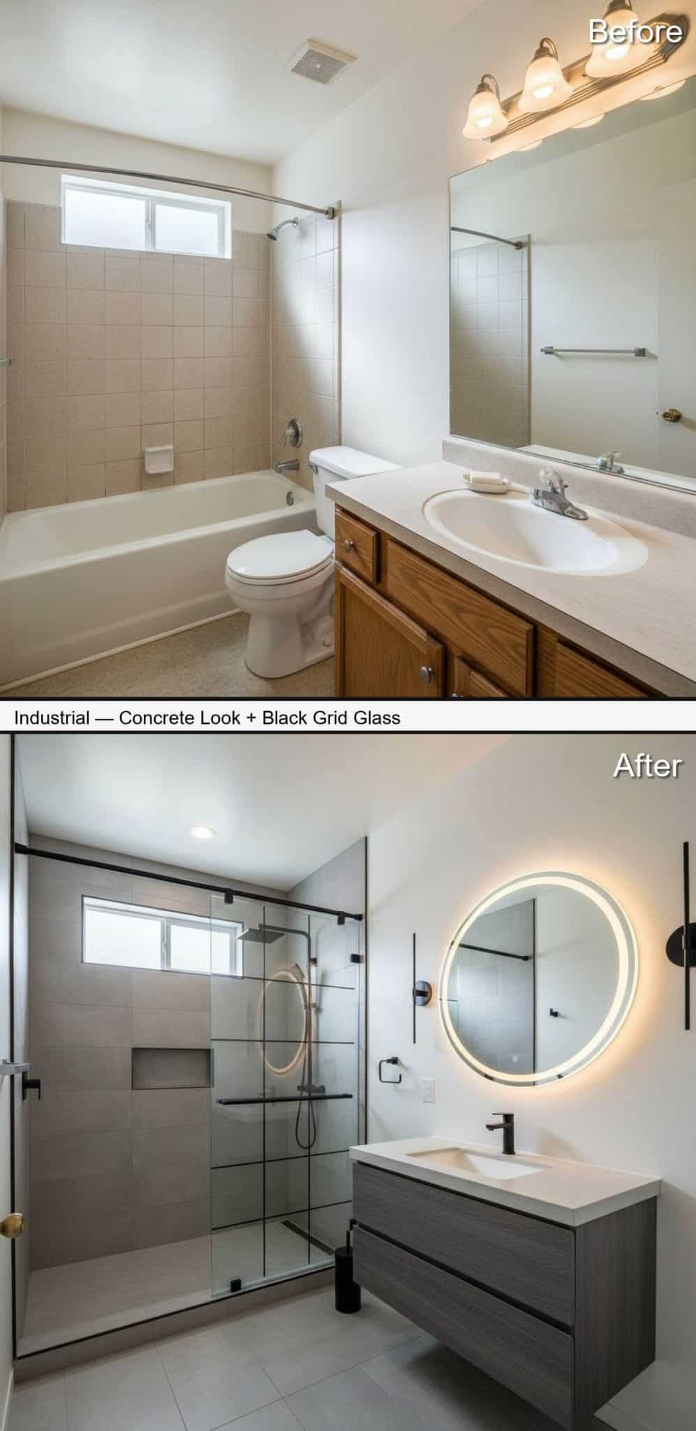 Industrial Shower with Concrete-Look Tile and Black Grid Glass Door