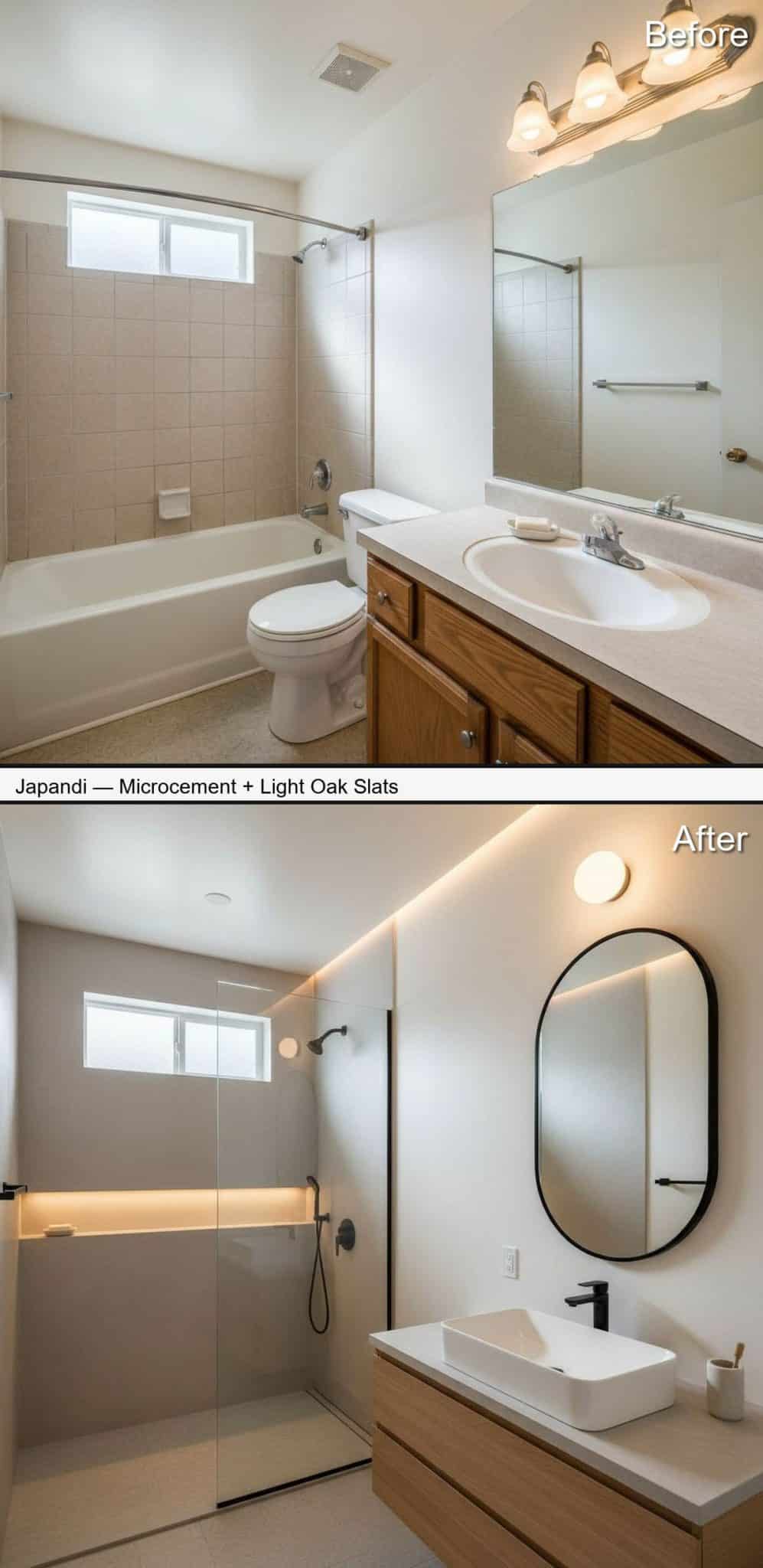 Japandi Shower with Microcement Walls and Light Oak Vanity