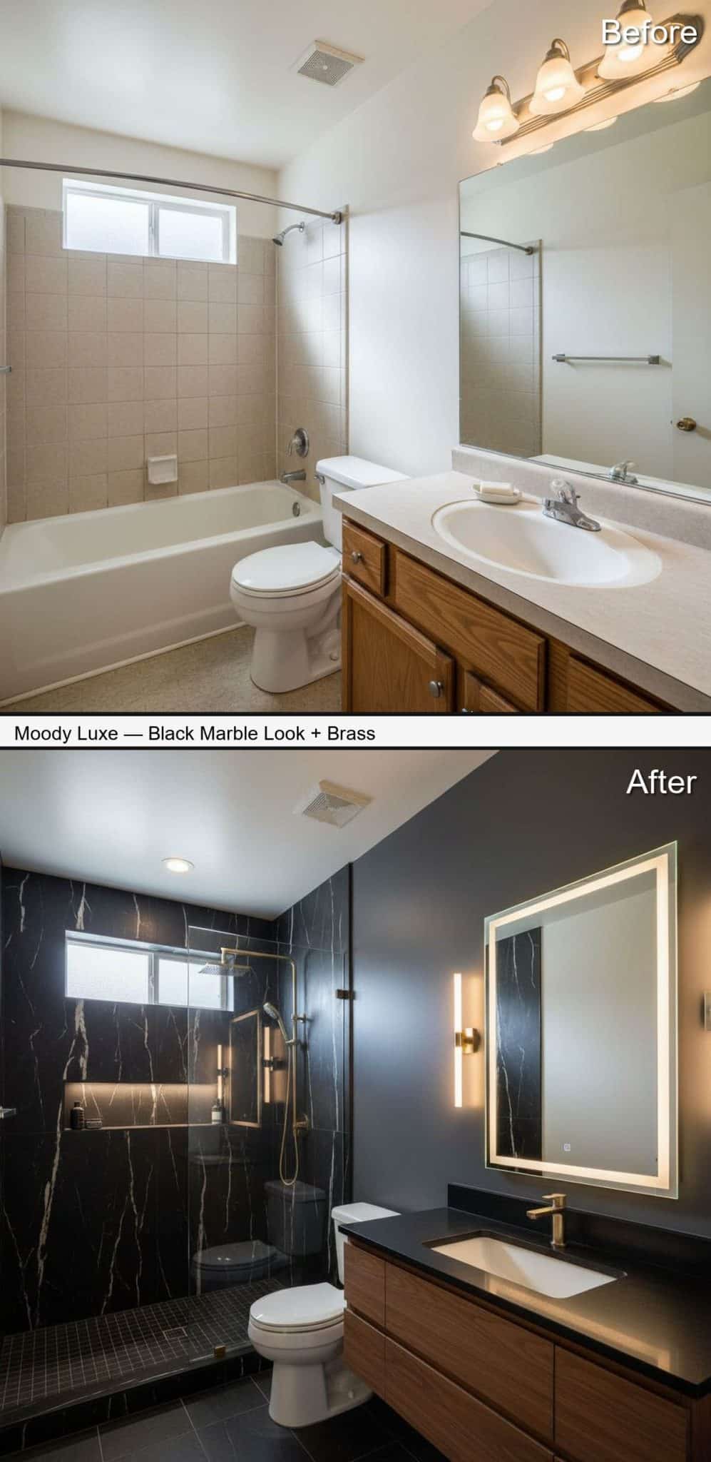 Moody Luxe Shower with Black Marble-Look Slabs and Brass Fixtures