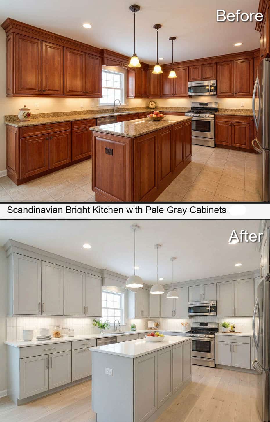 Scandinavian Bright Kitchen with Pale Gray Cabinets and Light Ash Flooring