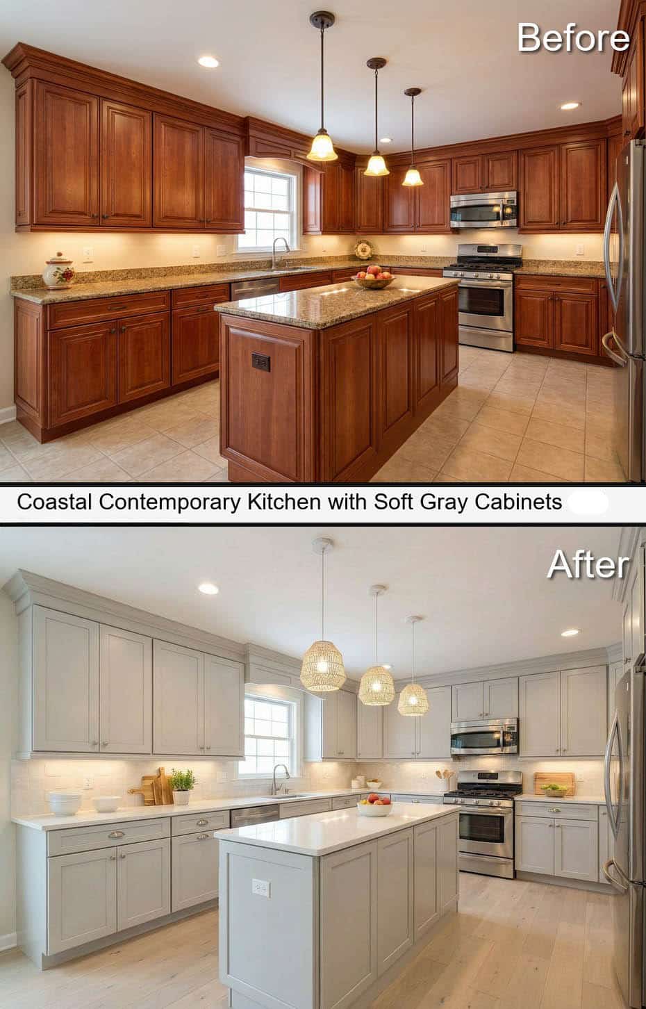 Coastal Contemporary Kitchen with Soft Gray Cabinetry and Pendant Lighting