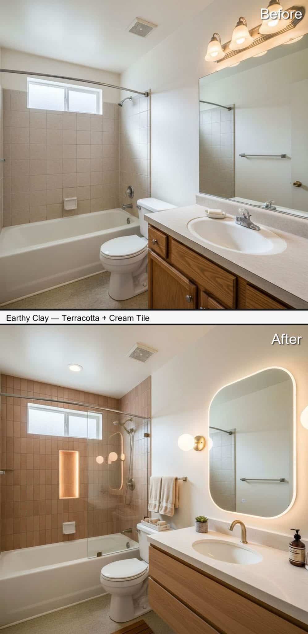 Earthy Clay Shower with Terracotta Accents and Cream Tile