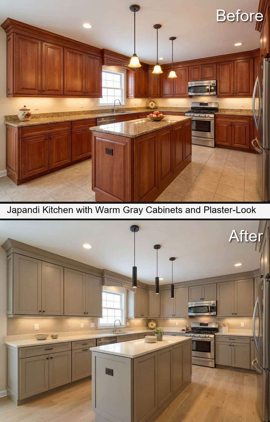 Japandi Kitchen with Warm Gray Cabinetry and Plaster-Look Backsplash
