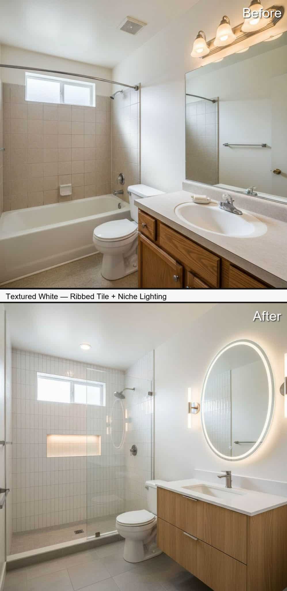 Textured White Shower with Ribbed Tile and Backlit Niche Lighting