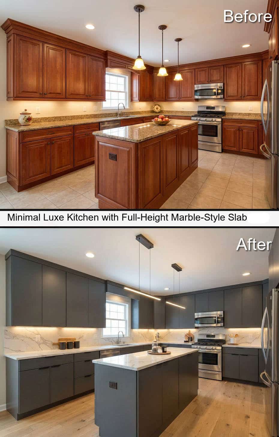 Minimal Luxe Kitchen with Full-Height Marble-Style Slab and Oak Floors