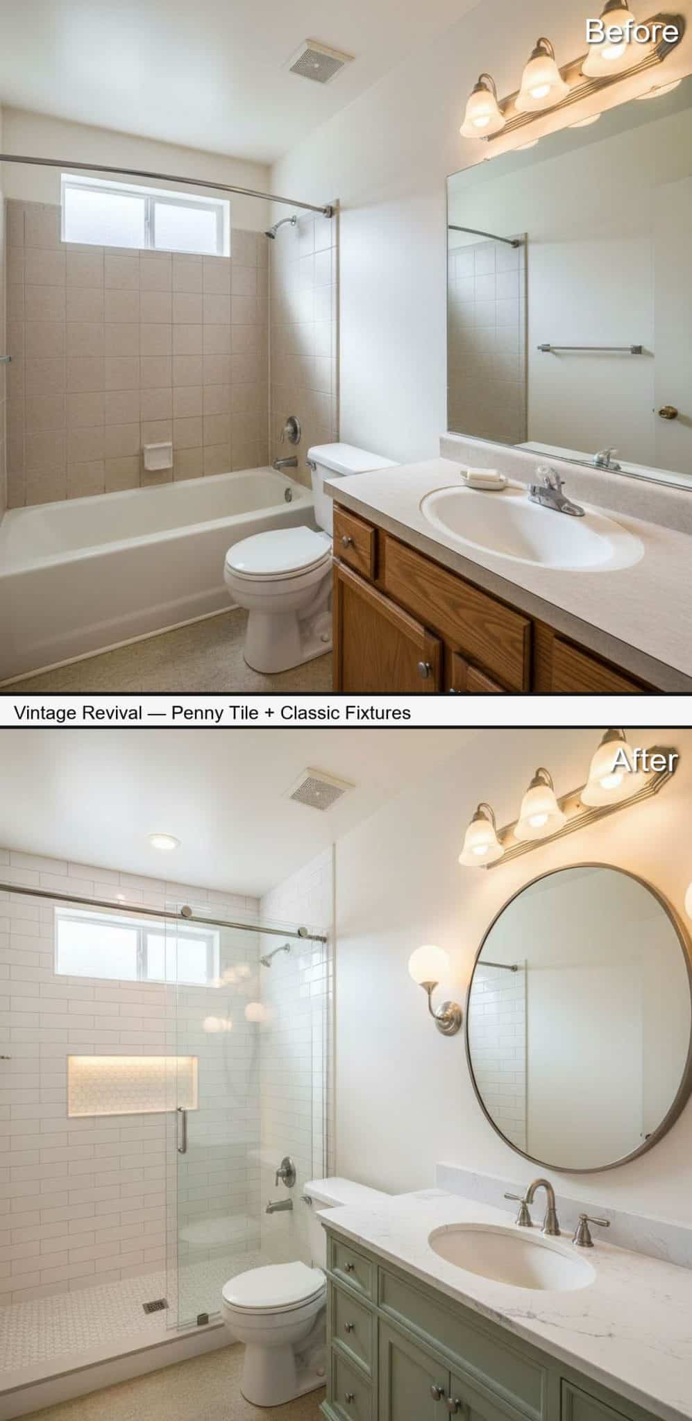 Vintage Revival Shower with Penny Tile Floor and Classic Fixtures