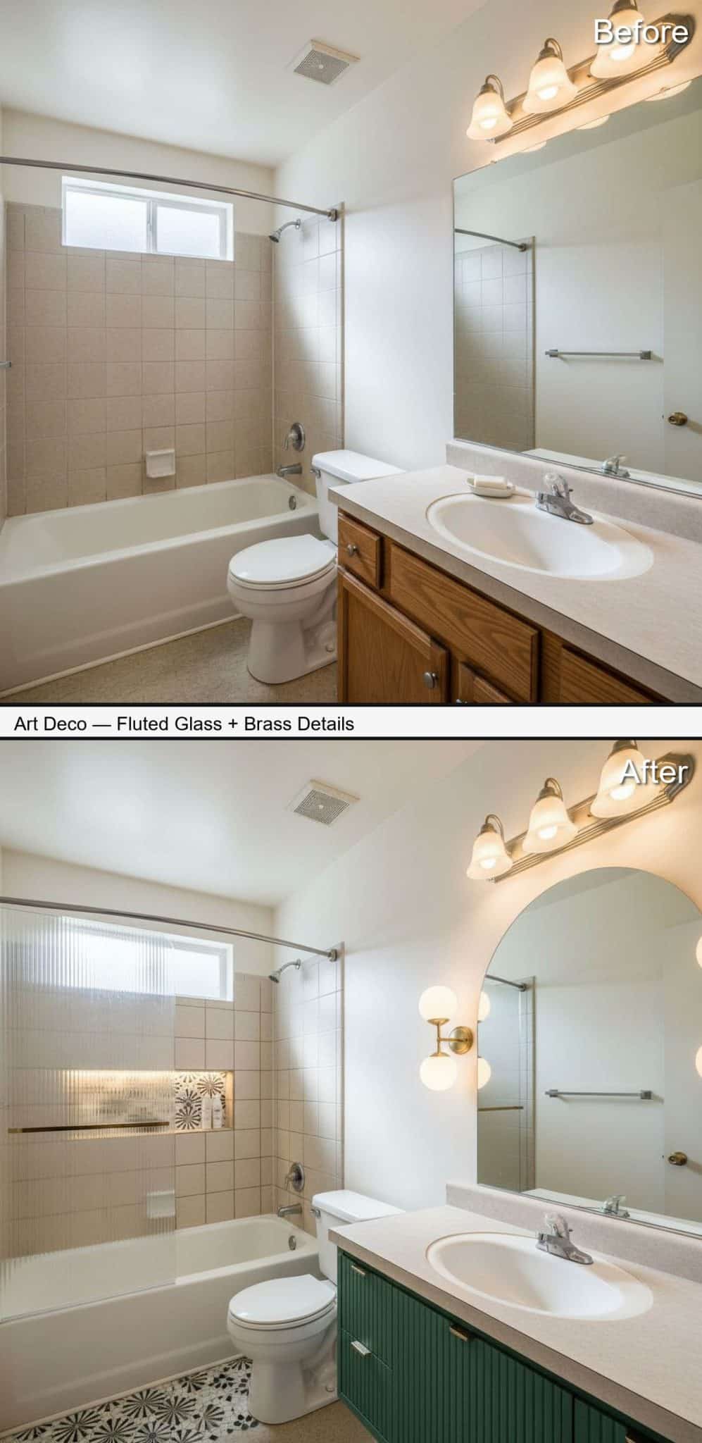 Art Deco Shower with Fluted Glass Door and Brass Trim Details