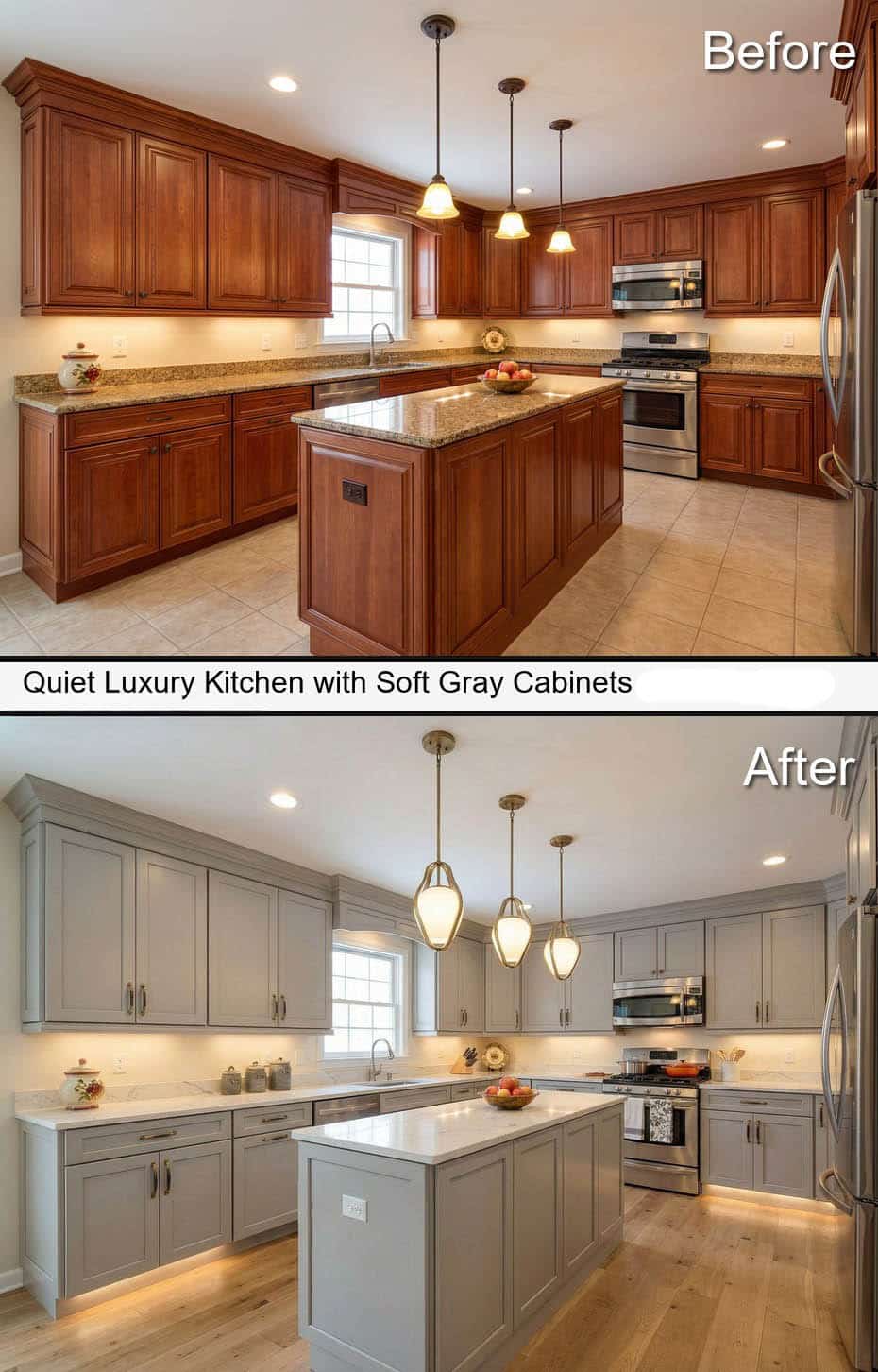Quiet Luxury Kitchen with Soft Gray Painted Cabinets and Designer Layered Lighting