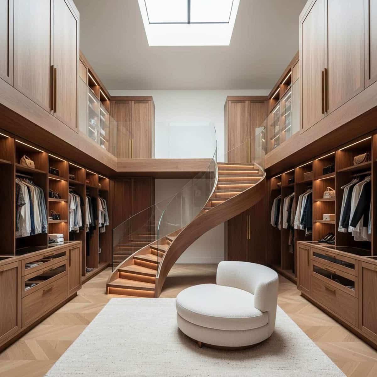 Warm Modern Double-Height Walk-In Closet with Floating Staircase&nbsp;