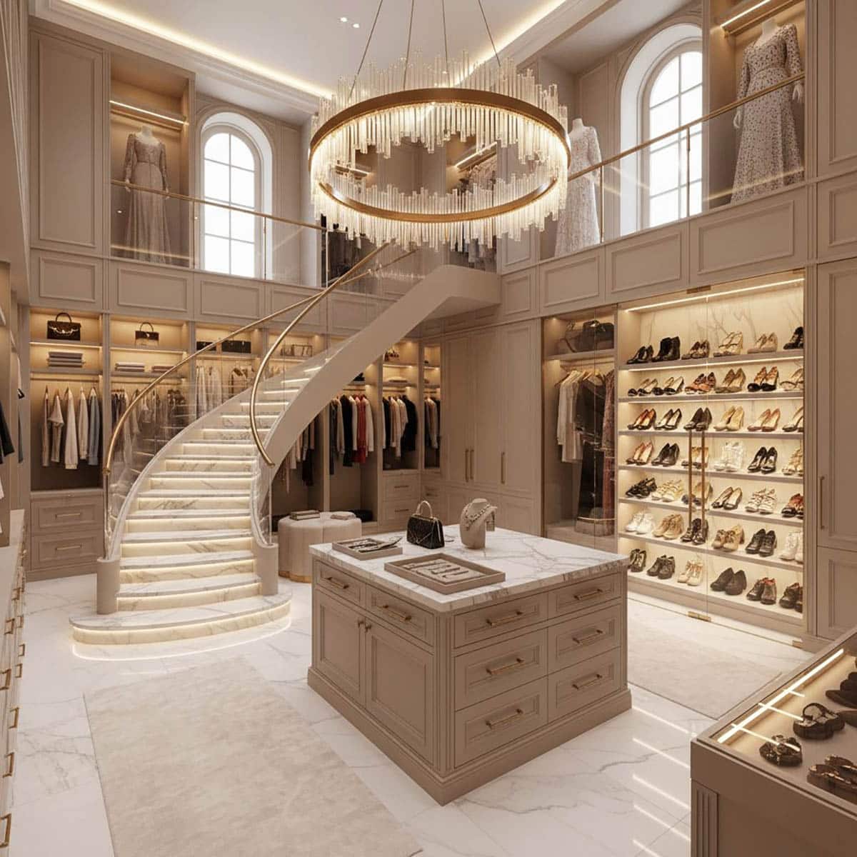 Italian Style Closet with Marble Staircase and Glass Shoe Gallery