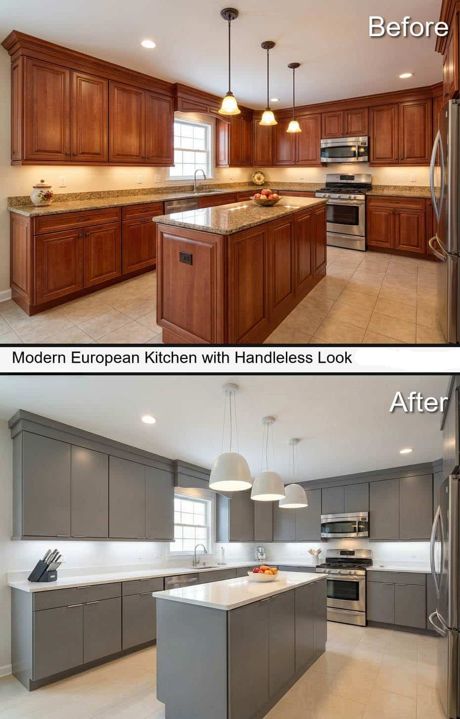 Modern European Kitchen with Handleless Look and Statement Pendants