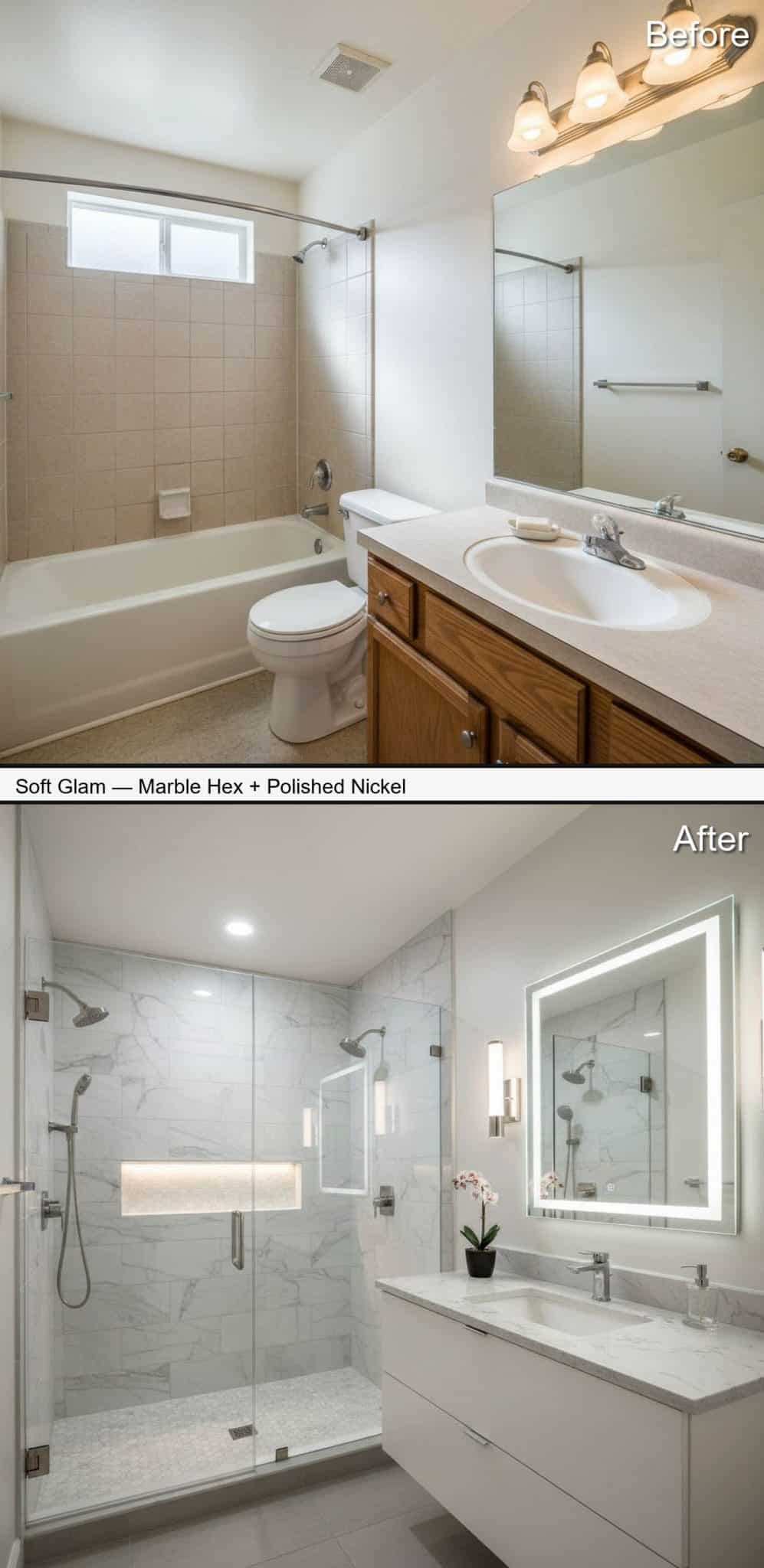 Soft Glam Shower with Marble-Look Walls and Polished Nickel