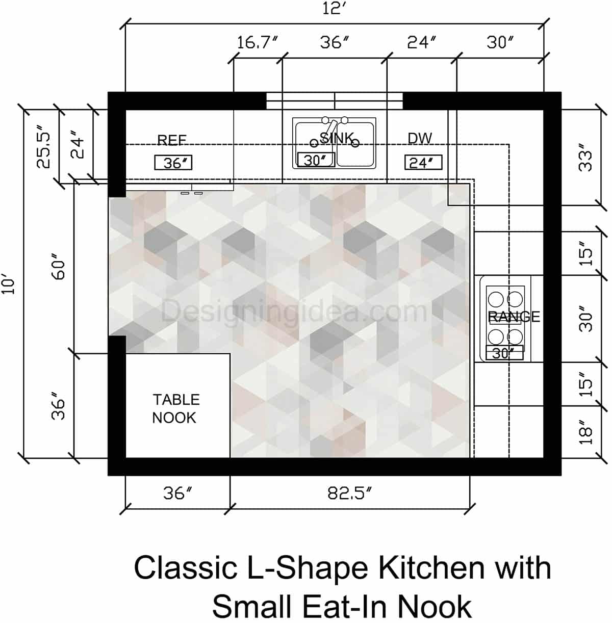 Classic L-Shape Kitchen with Small Eat-In Nook Layout