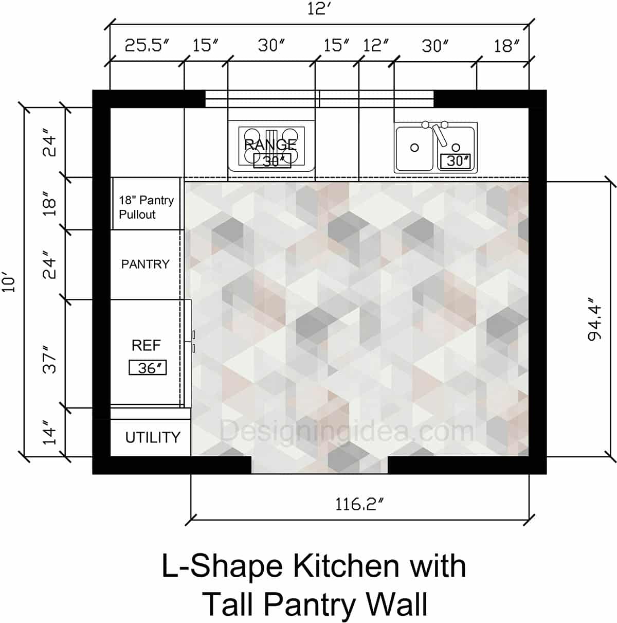 L-Shape Kitchen Floor Plan with Tall Pantry Wall&nbsp;