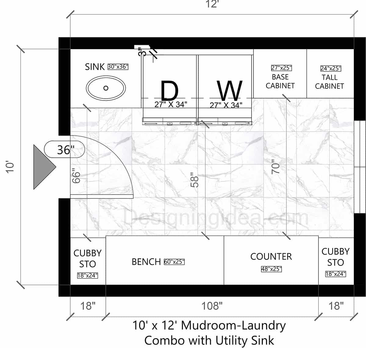 10×12 Mudroom Laundry Combo with Utility Sink Floor Plan