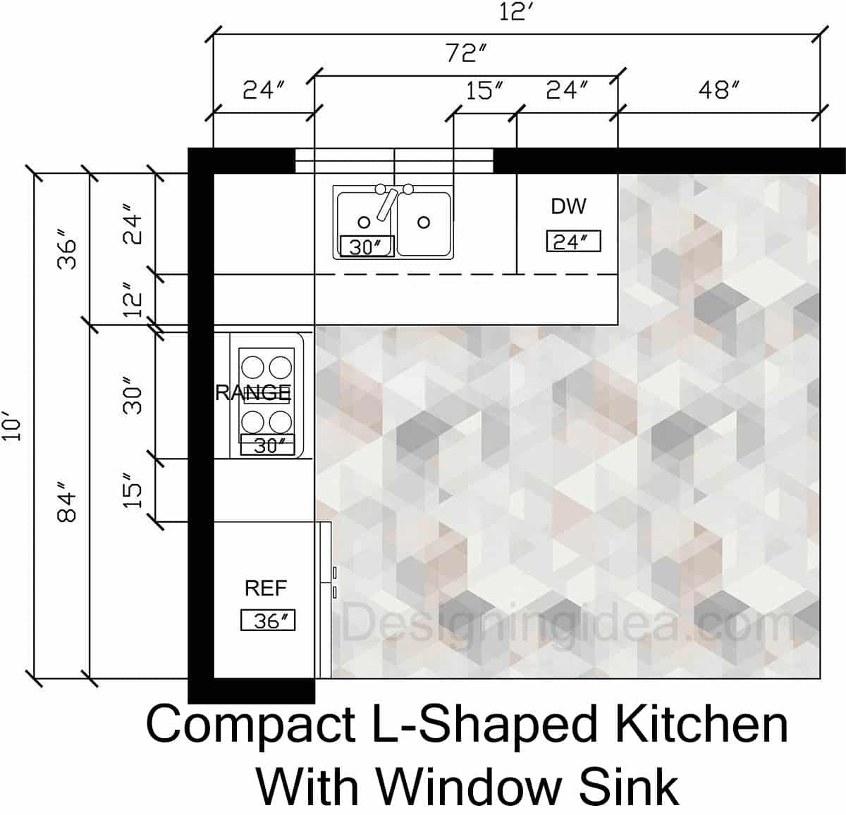 Compact L-Shaped Style Kitchen with Window Sink Floor Plan
