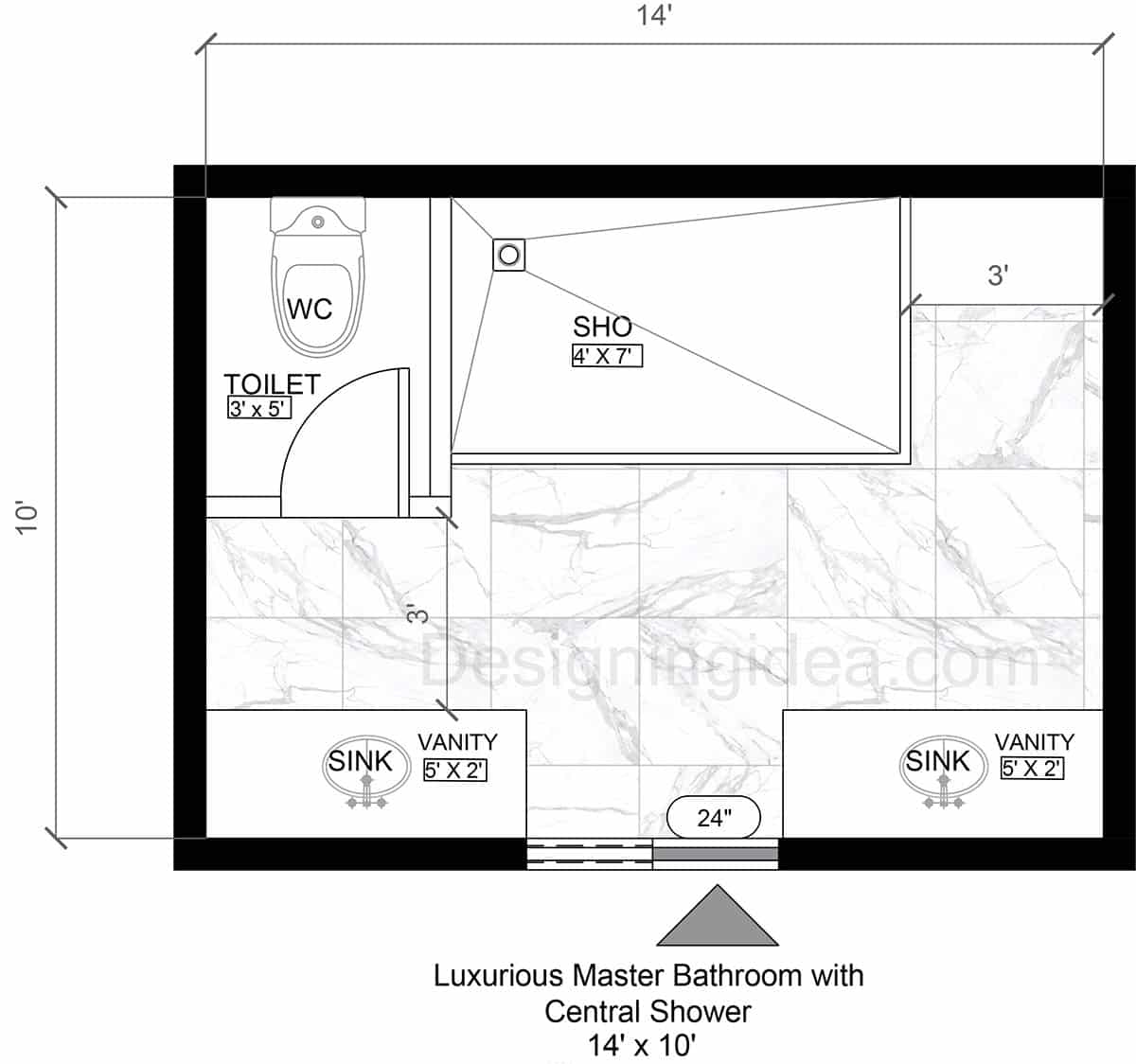 10x14 Luxurious Master Bathroom with Central Shower Floor Plan