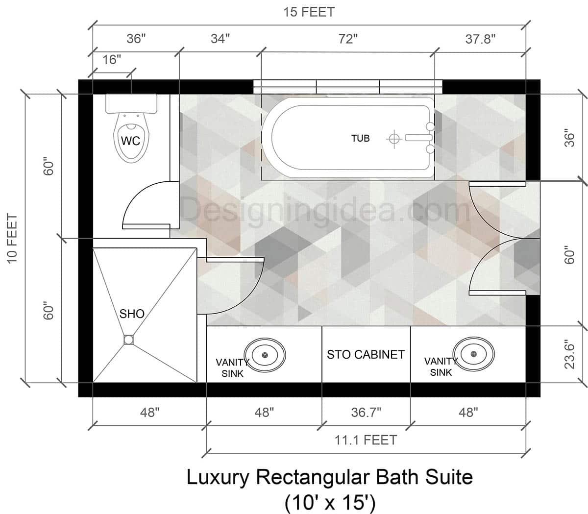 10x15 Luxury Rectangular Bathroom Suite Layout