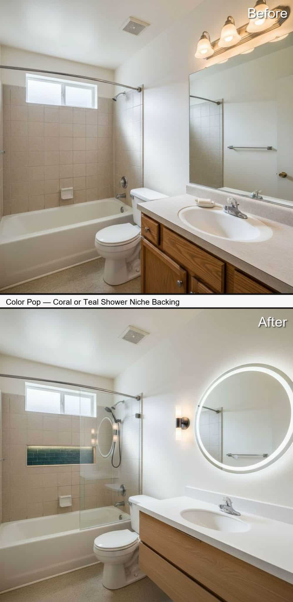 Color Pop Shower with Coral or Teal Niche Backing and Black Fixtures