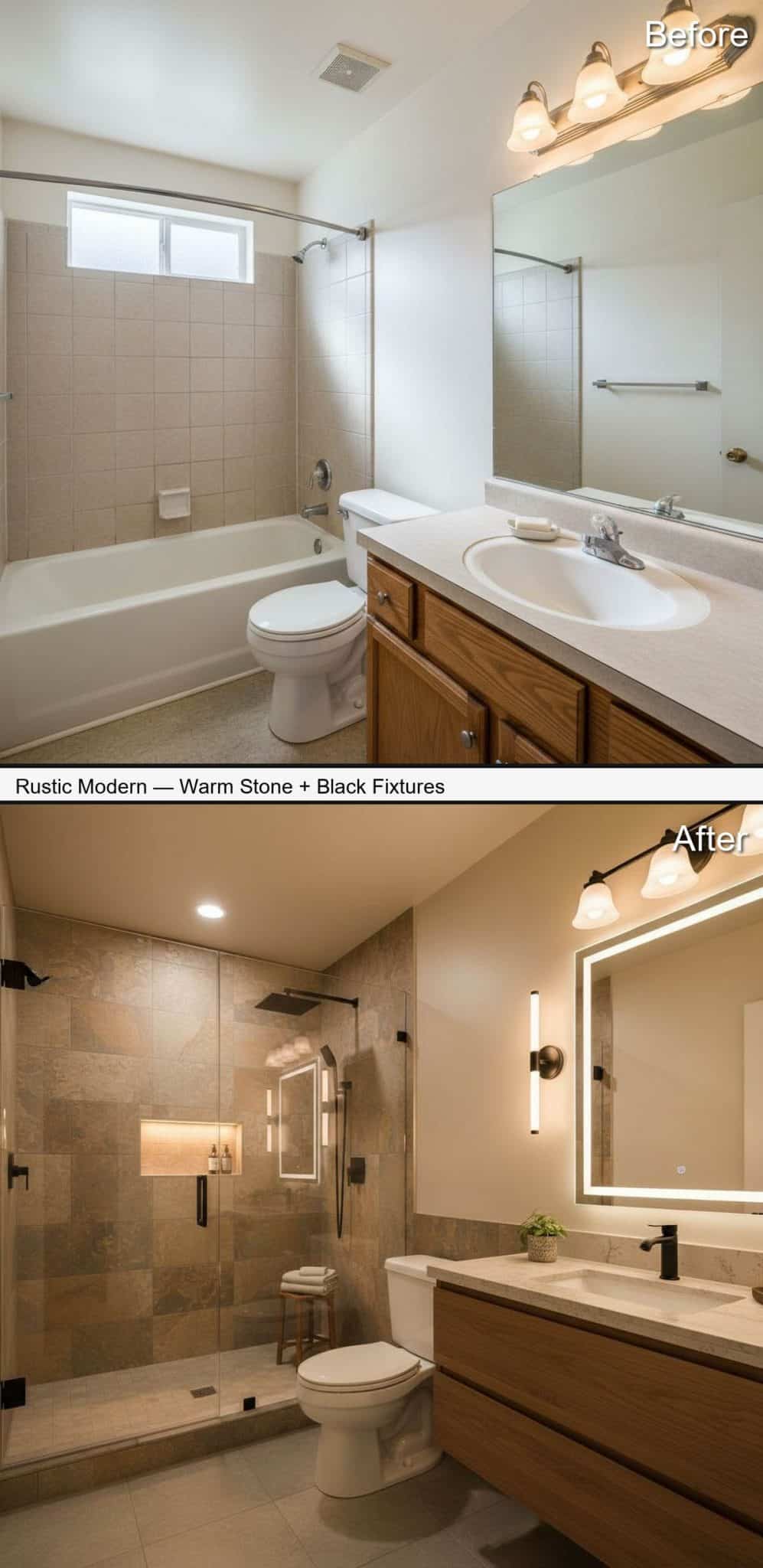 Rustic Modern Shower with Warm Stone Tile and Matte Black Fixtures