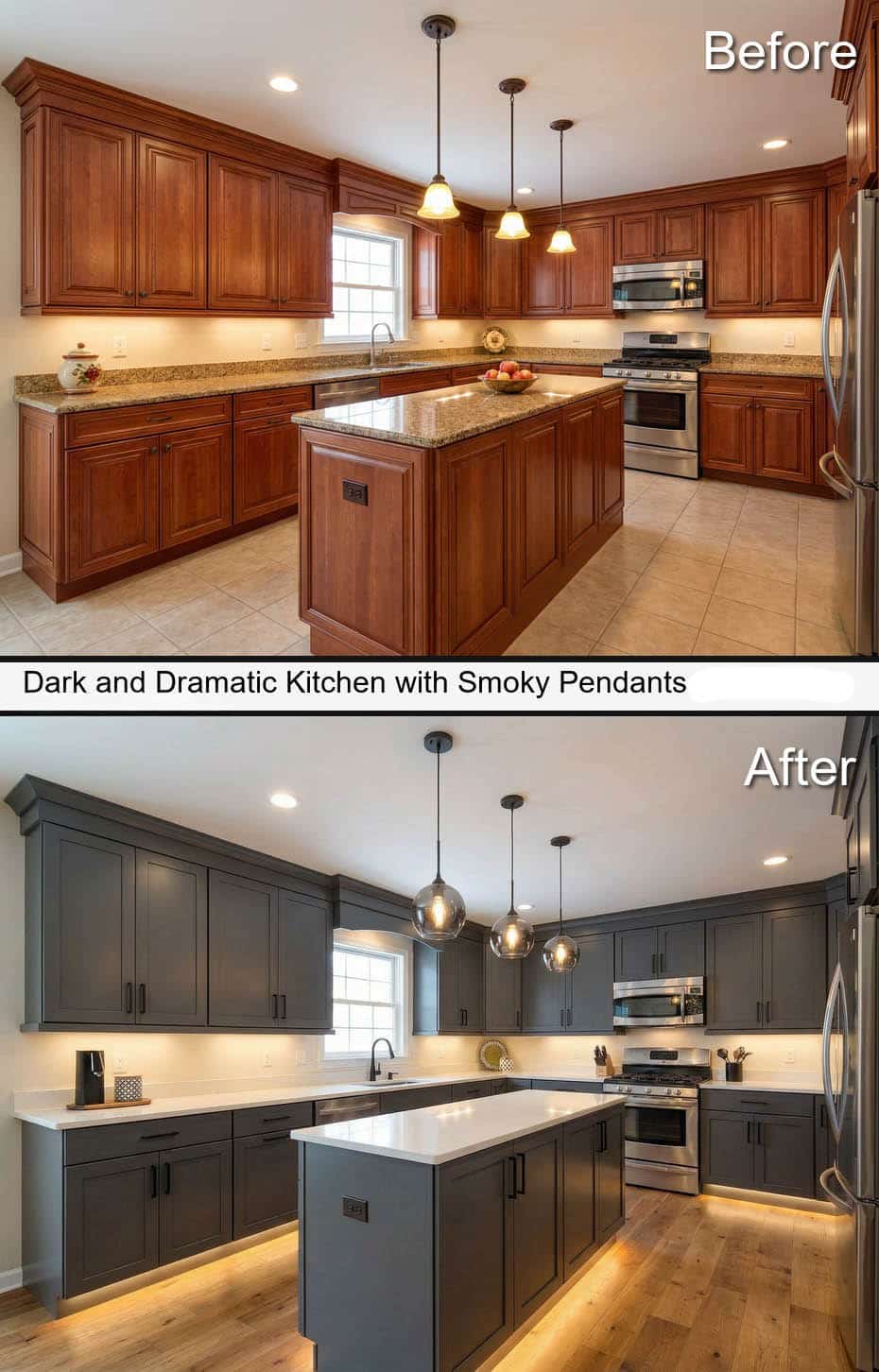 Dark and Dramatic Kitchen with Smoky Pendants and Warm Lighting&nbsp;