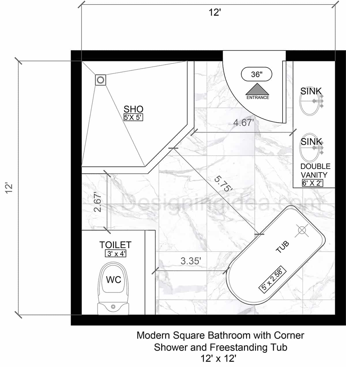 12x12 Modern Square Bathroom with Corner Shower and Freestanding Tub Layout