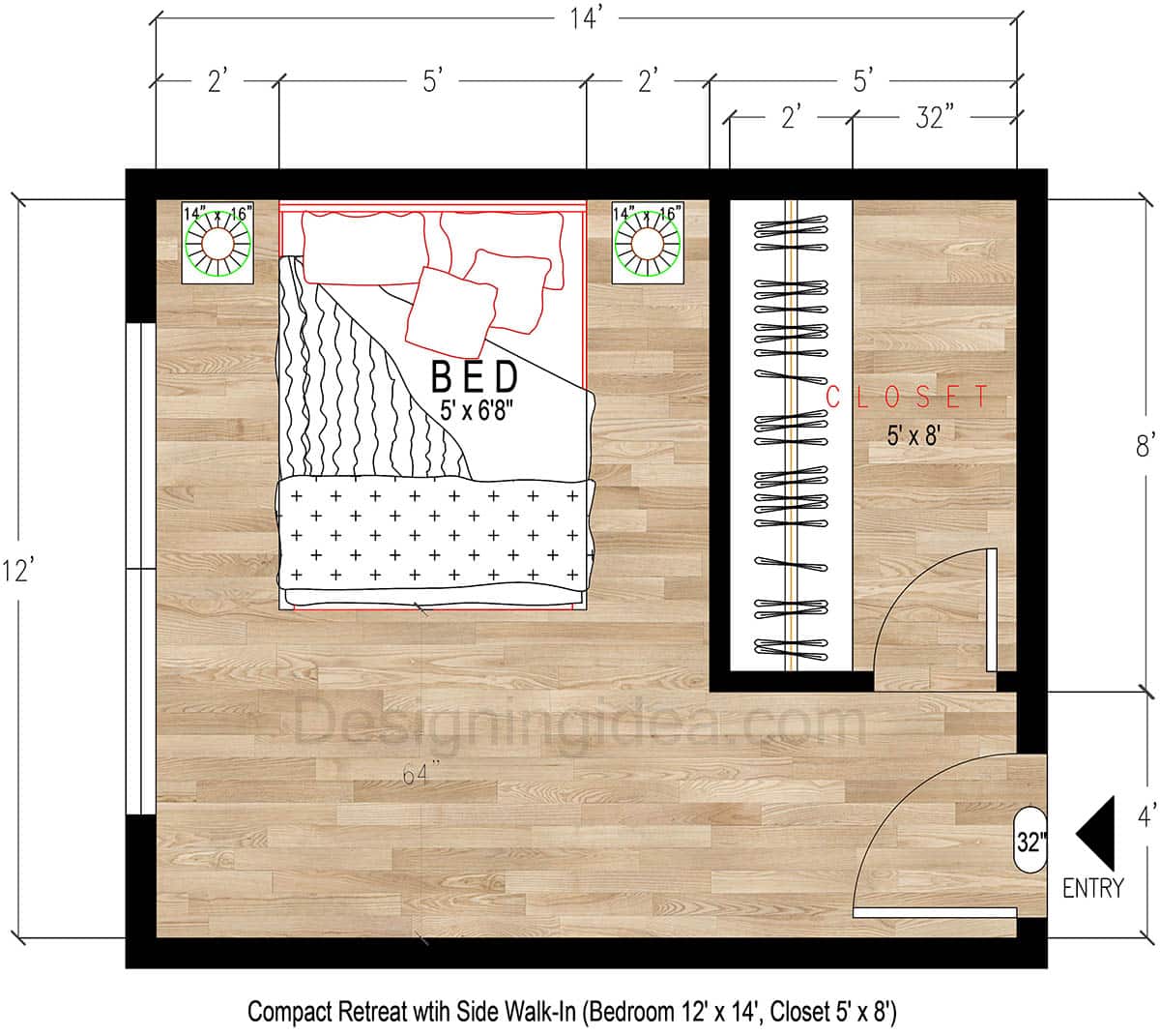 12x14 Compact Bedroom Retreat with 5x8 Side Walk-In Closet Layout