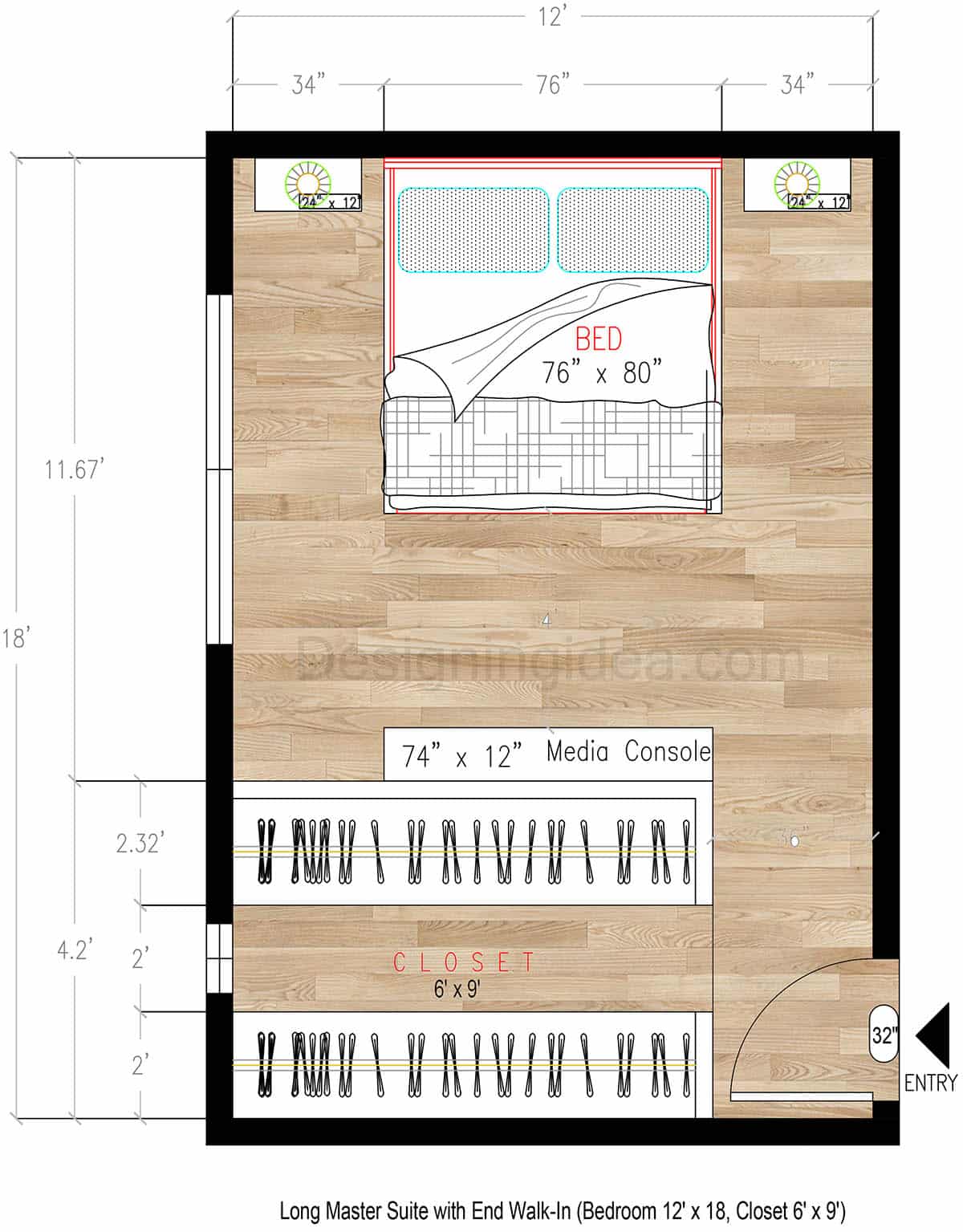 12x18 Long Master Suite Floor Plan with 6x9 End Walk-In Closet