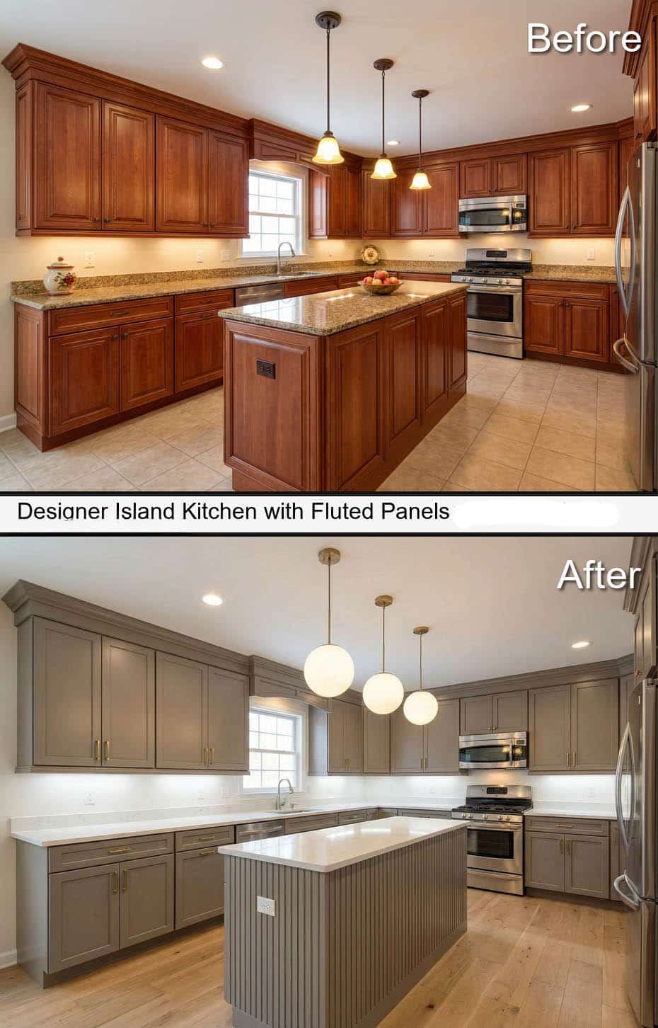 Designer Island Kitchen with Fluted Panels and Oversized Globe Pendants