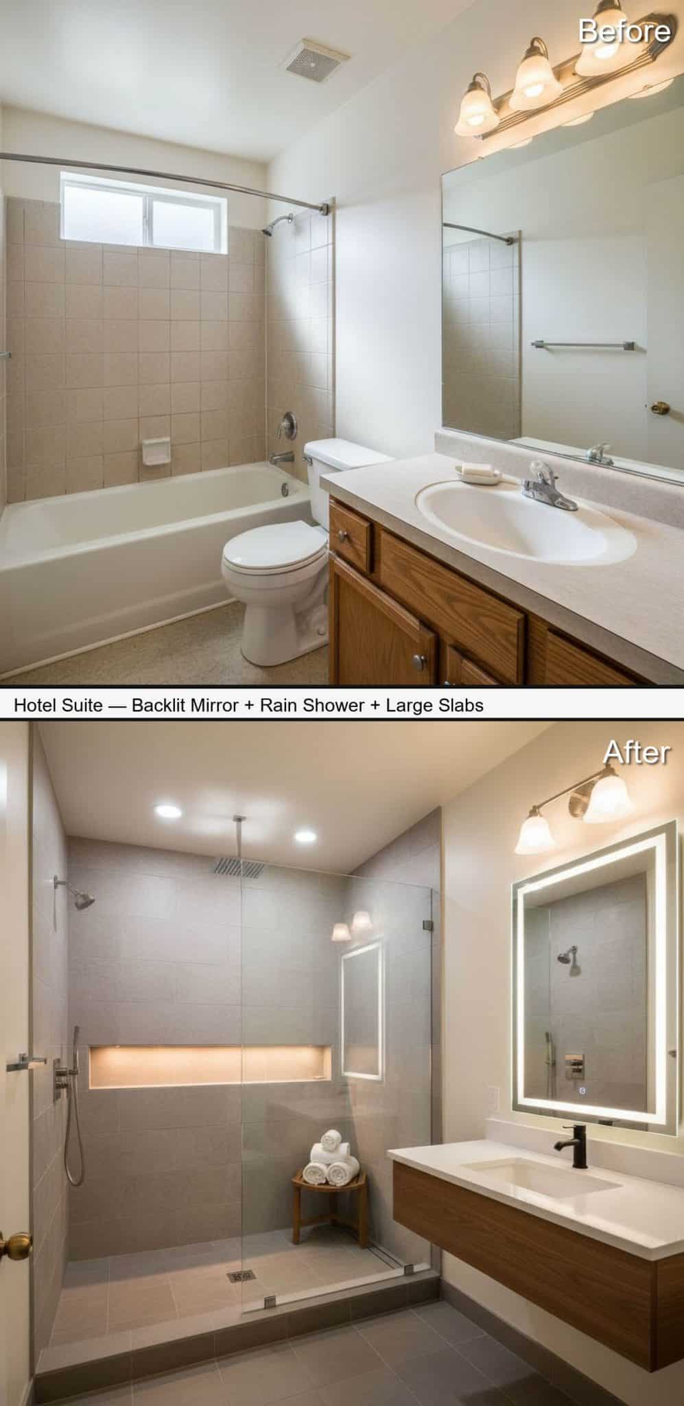 Hotel Suite Shower with Rain Shower and Large Slab Walls