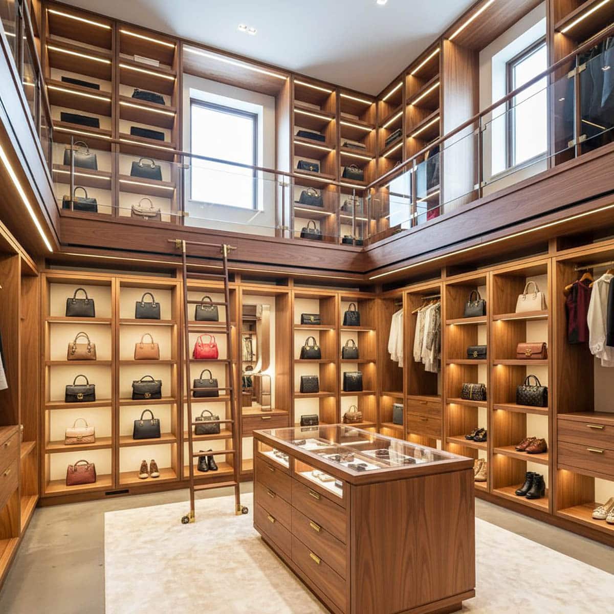 Library Ladder Mezzanine Closet with Handbag Wall and Glass Surface Island
