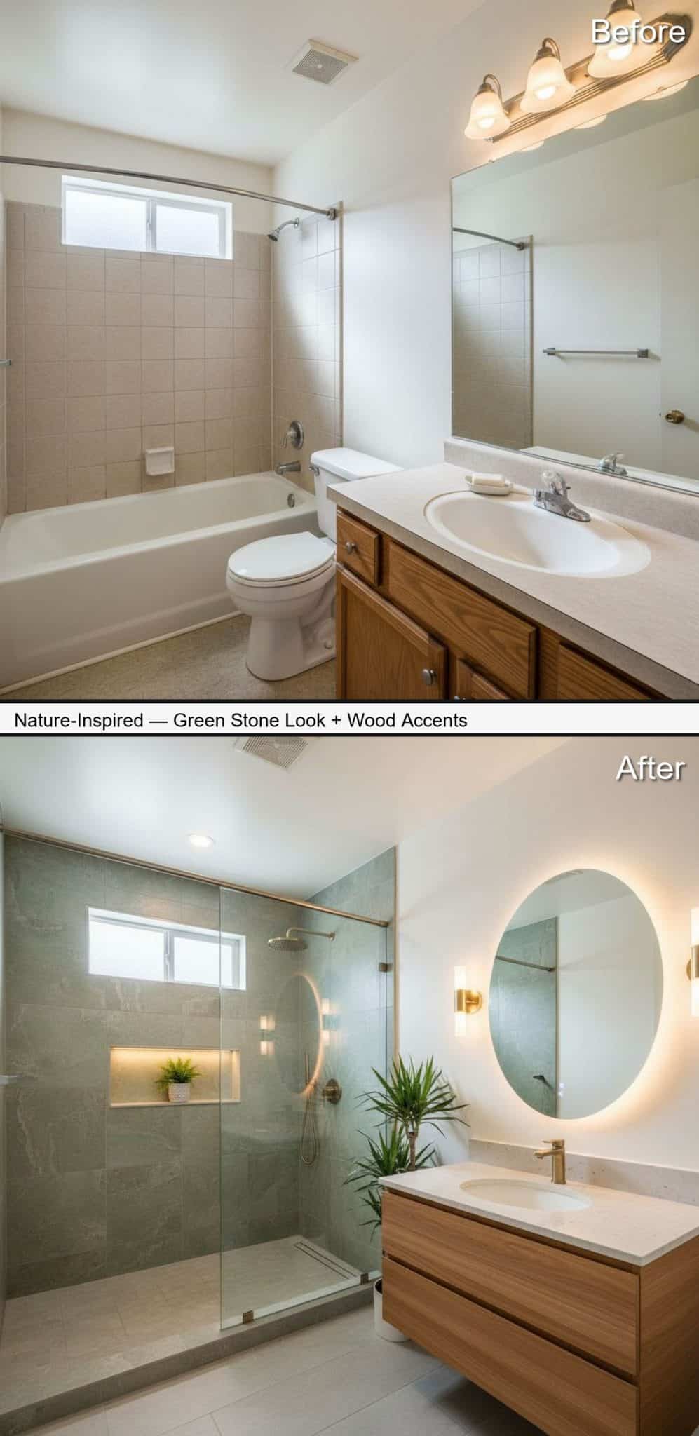 Nature-Inspired Shower with Green Stone-Look Tile and Wood Accents