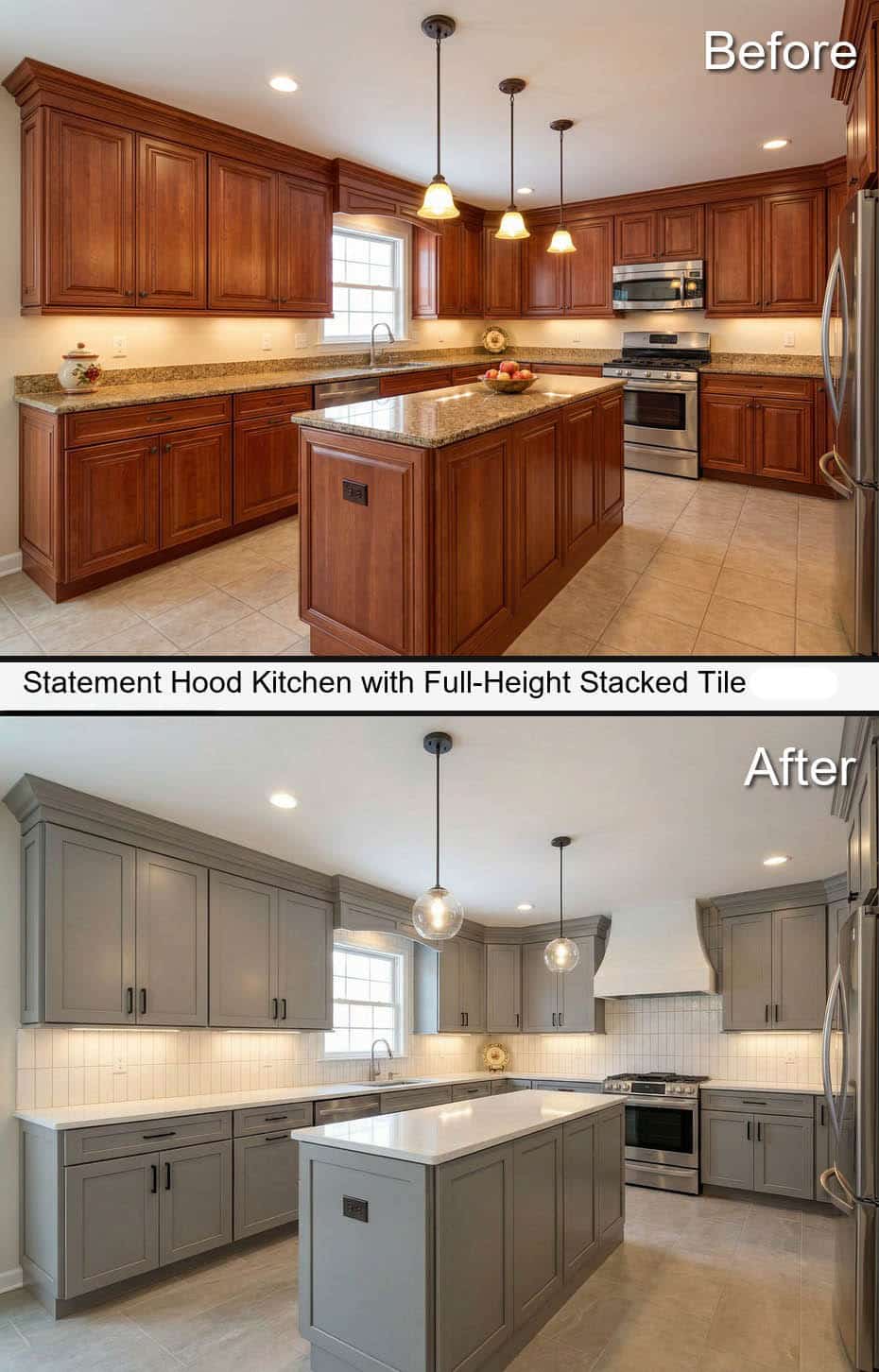 Statement Hood Kitchen with Full-Height Stacked Tile and Porcelain Flooring