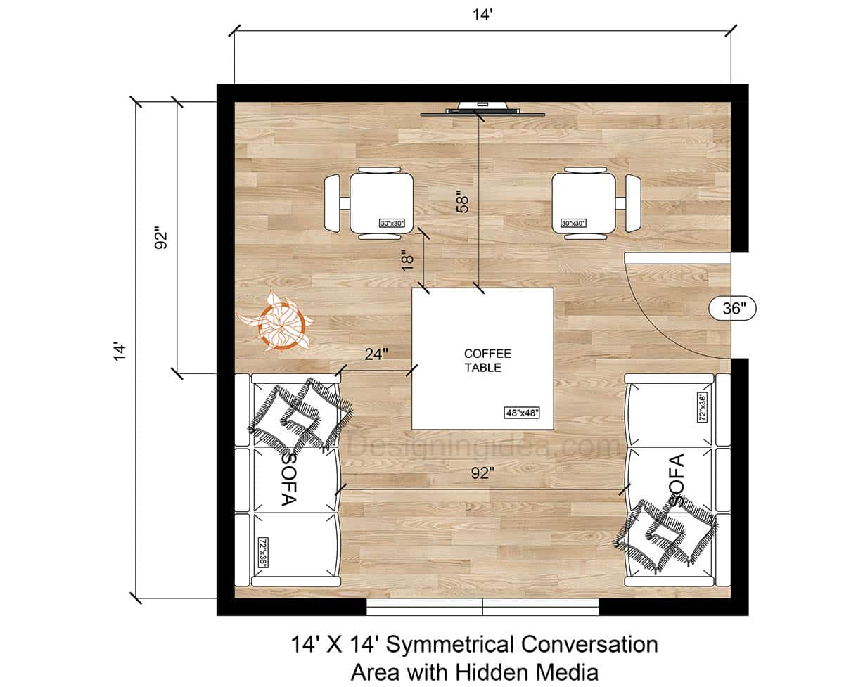 14×14 Living Area With Symmetrical Conversation Zone With Hidden Media Layout