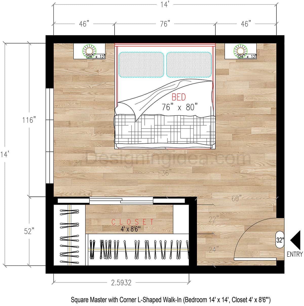 14x14 Square Master Bedroom Layout with 7x7 Corner L-Shaped Closet