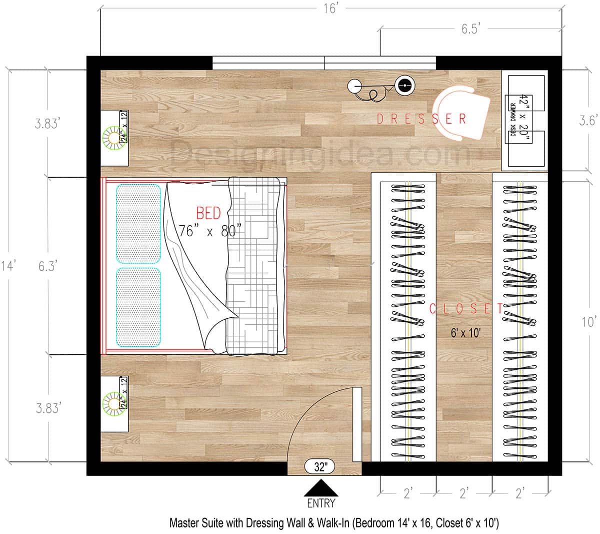 14x16 Master Suite Layout with Dressing Wall & Galley Closet