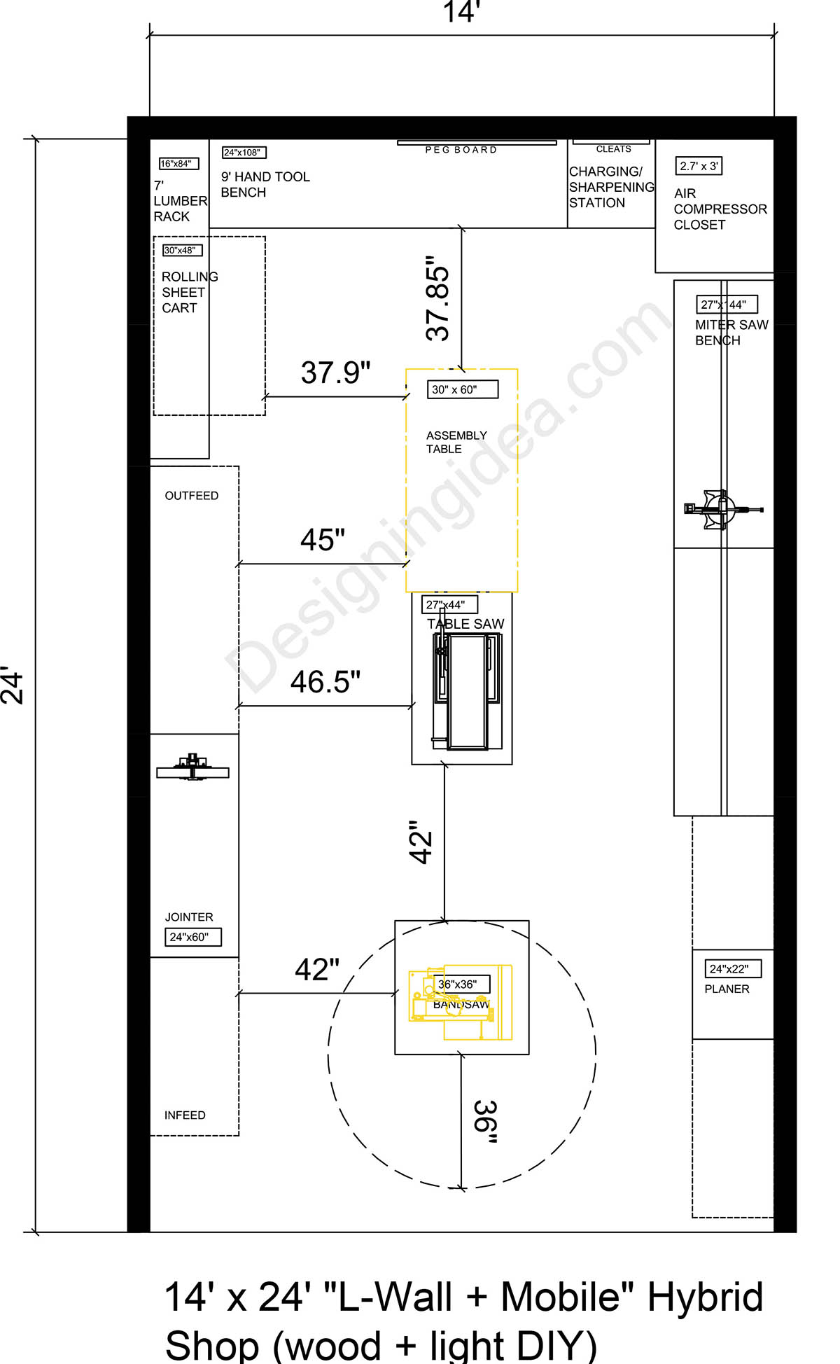 14×24 Garage Woodshop With L-Wall & Mobile Hybrid Tool Layout