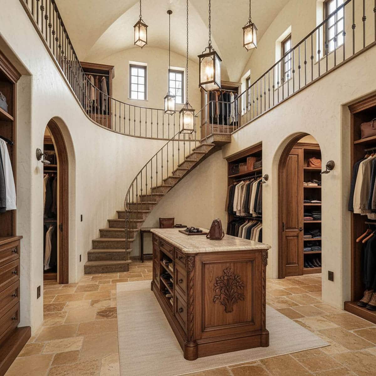 Old World Luxe Closet with Arched Openings and Rustic Pendants