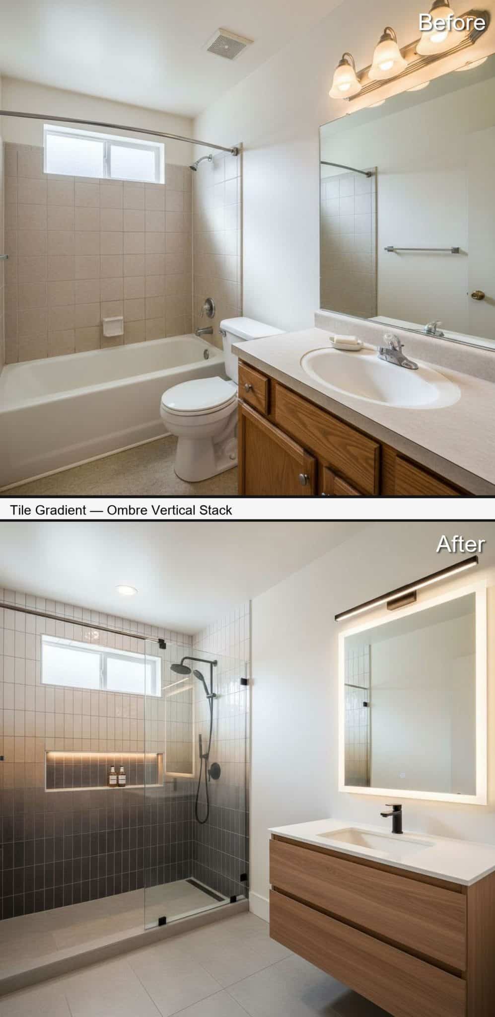 Tile Gradient Shower with Ombre Vertical Stack Feature Wall