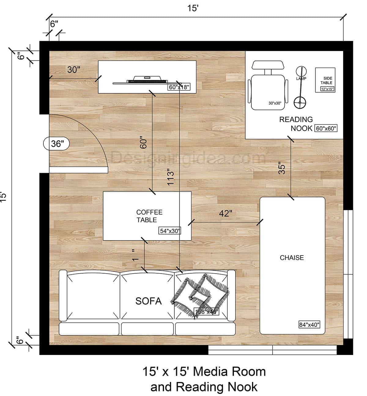 15×15 Square Media Room And Reading Nook Floor Plan